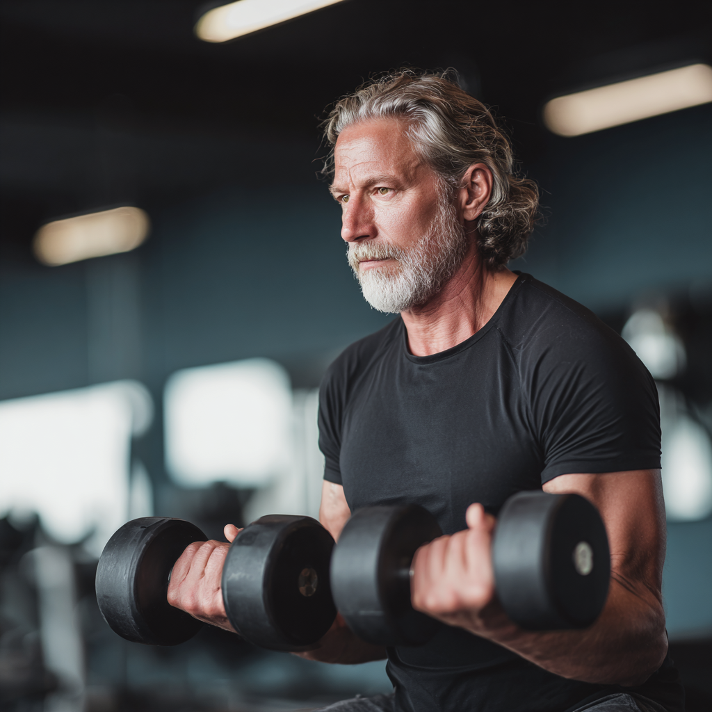 Чоловік 55 років виконує силові вправи з гантелями в тренажерному залі