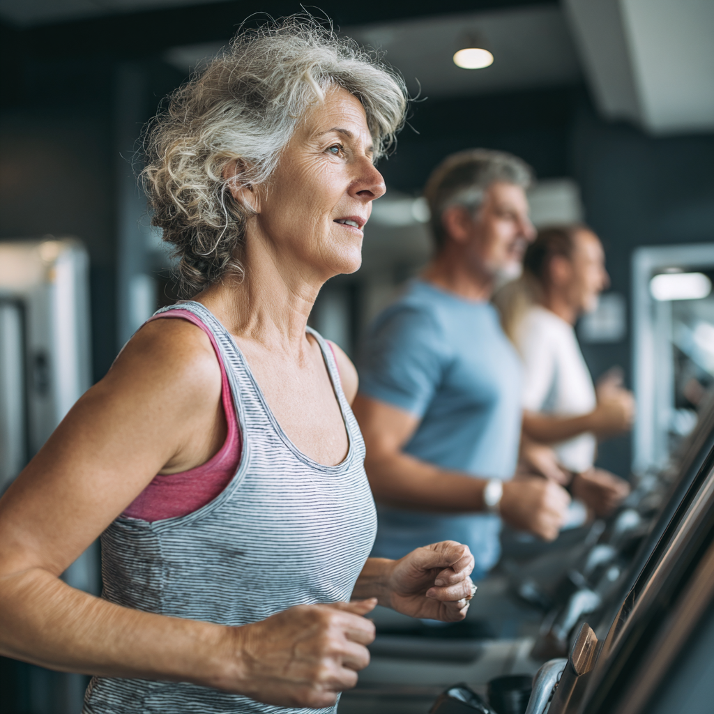 Жінка 58 років займається кардіо на біговій доріжці у фітнес-центрі