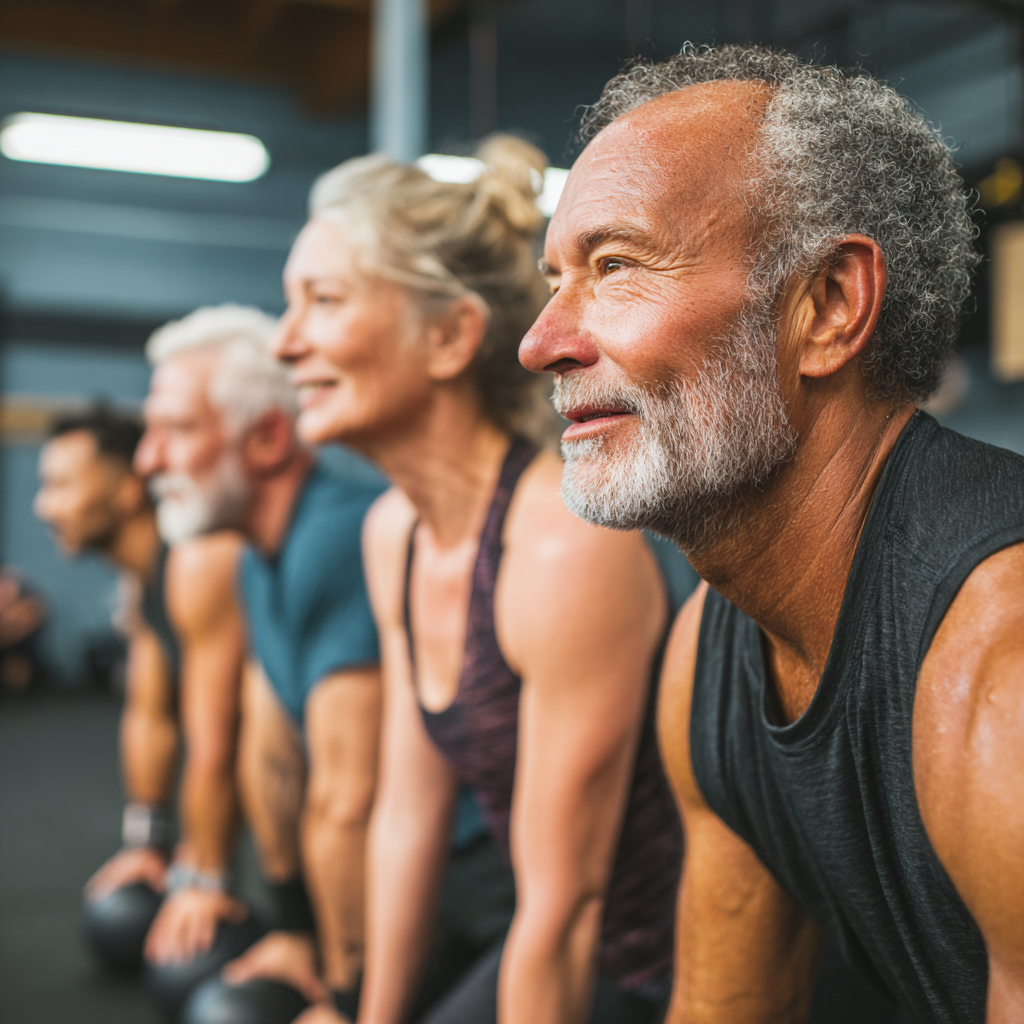 Група людей віком 50-60 років виконує HIIT тренування у спортивному залі